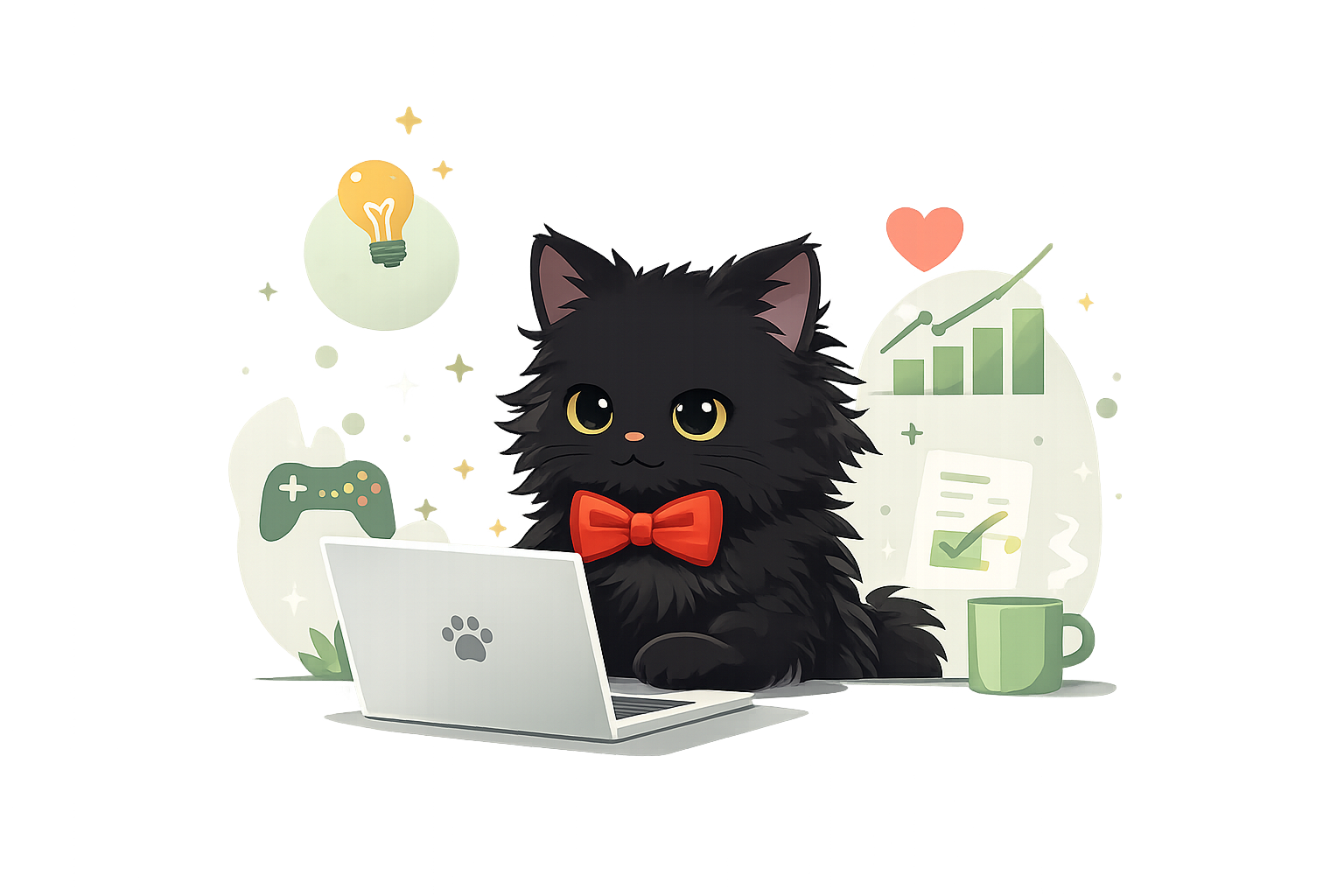 A cat coding at a laptop surrounded by ideas